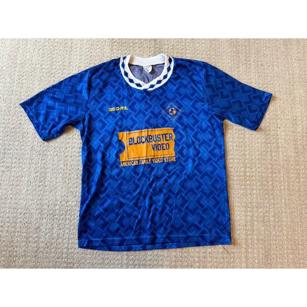VTG 90s Blockbuster Score Jersey Soccer Blue Adult Medium